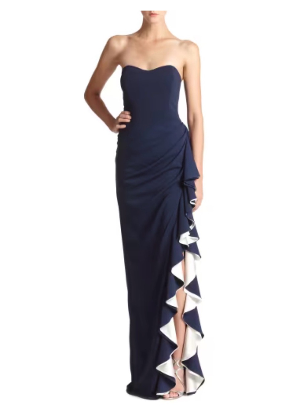 Badgley Mischka Strapless High Slit Ruffle Gown